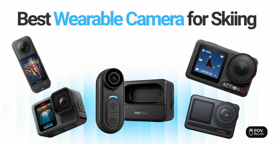 Best wearable cameras for skiing in 2026 — side-by-side comparison featuring GoPro Hero 13, DJI Action 5 Pro, Insta360 X5, POV Pro 2, POV Pro 4K UHD, and AKASO Brave 8 against a clean white background