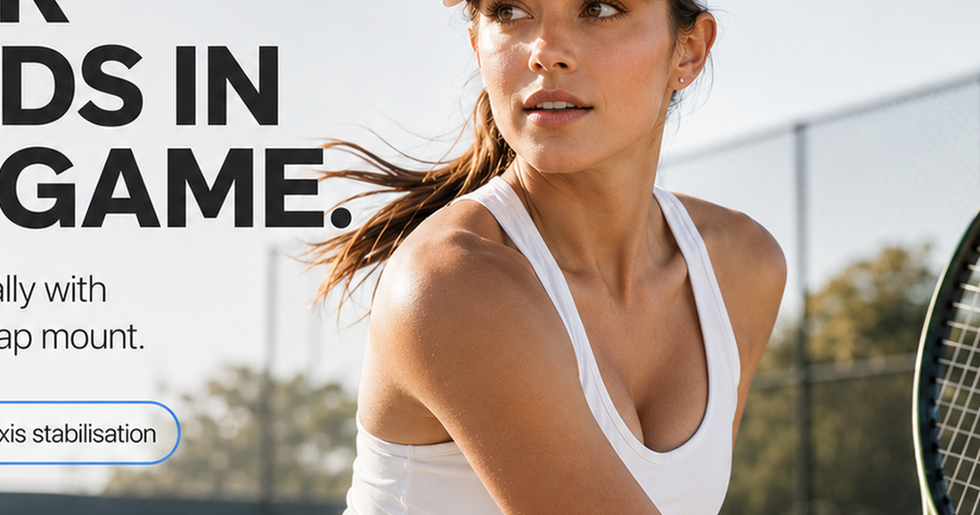 Tennis player swinging racket on outdoor court with POV Pro camera