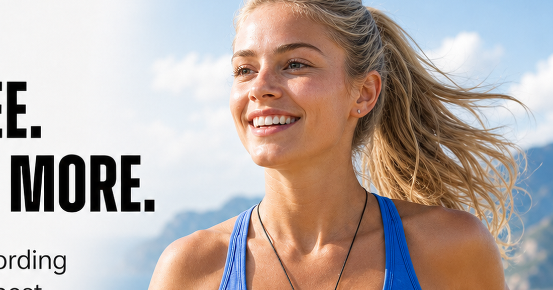 Female runner wearing POV Pro camera outdoors with coastal background