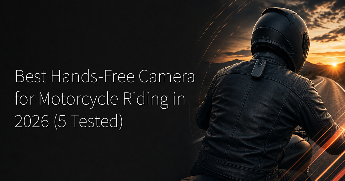 Best hands-free camera for motorcycle riding — rear view of a rider on an open highway at sunset, wearable pendant camera clipped to leather jacket collar