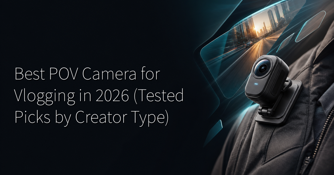 Best POV camera for vlogging — compact wearable POV camera clipped to a jacket collar showing a first-person city street perspective with warm afternoon light and teal accents