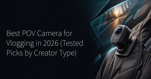 Best POV camera for vlogging — compact wearable POV camera clipped to a jacket collar showing a first-person city street perspective with warm afternoon light and teal accents
