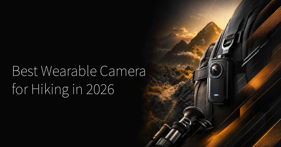 Best wearable camera for hiking shown on a hiker's chest as a pendant, mountain trail with golden hour lighting and trekking poles in hand