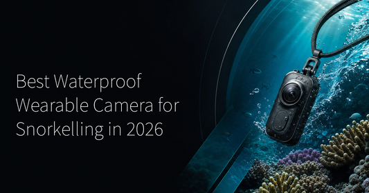 Best waterproof wearable camera for snorkelling — person swimming hands-free over coral reef with pendant camera clipped to rash guard, tropical blue-green water and sunlight filtering from above